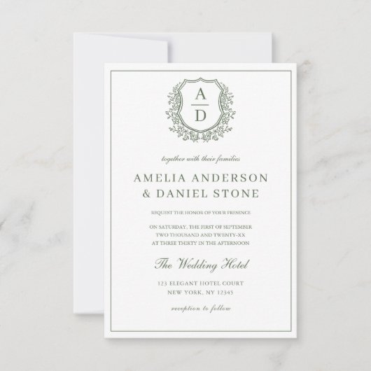Invitation Sage Green Crest Monogram Mariage QR Code (Devant)