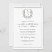 Invitation Sage Green Crest Monogram Mariage QR Code (Devant)