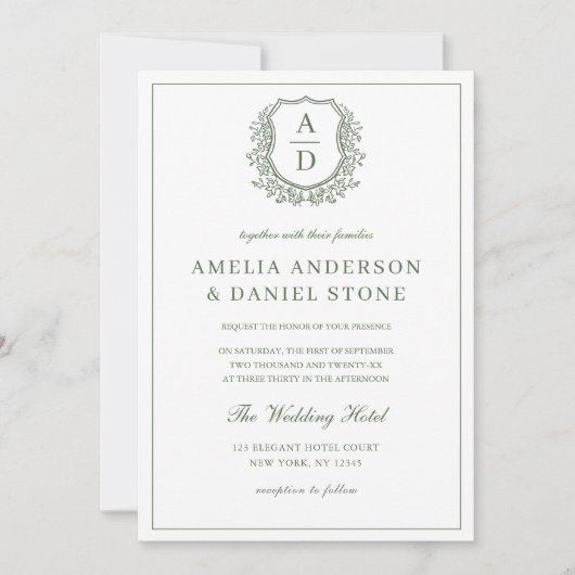 Invitation Sage Green Crest Monogram Mariage QR Code (Devant)