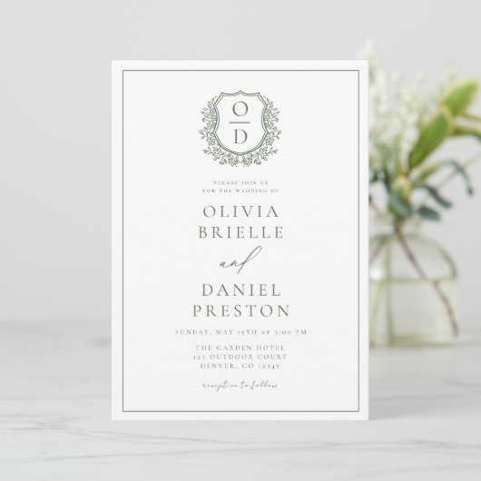 Invitation Sage Green Crest Monogram Mariage QR Code (Debout devant)
