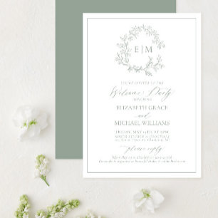 Invitation Sage Green Crest Monogramme Bienvenue Fête