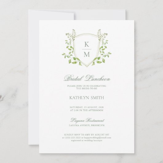 Invitation Sage Green Crest Monogramme Déjeuner nuptial moder (Devant)