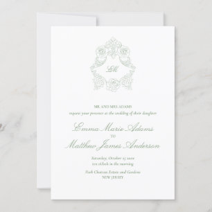 Invitation Sage Green Crest Monogramme Mariage classique