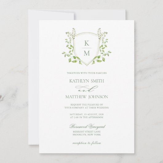 Invitation Sage Green Crest Monogramme Mariage vert moderne (Devant)