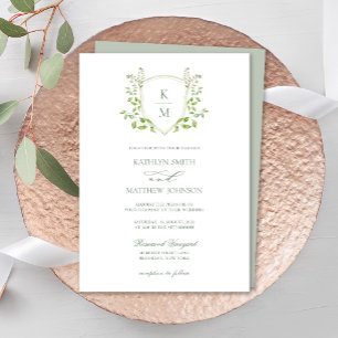 Invitation Sage Green Crest Monogramme Mariage vert moderne