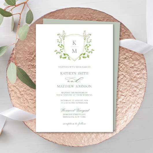 Invitation Sage Green Crest Monogramme Mariage vert moderne