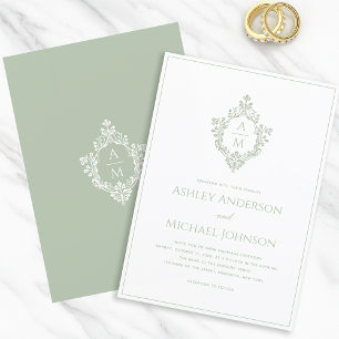Invitation Sage Green Crest Vintage Mariage officiel Monogram