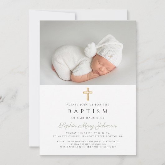 Invitation Sage Green Croix religieuse Photo Baptême (Devant)