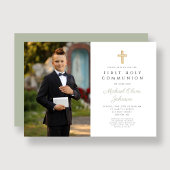 Invitation Sage Green Cross Photo Boy First Communion