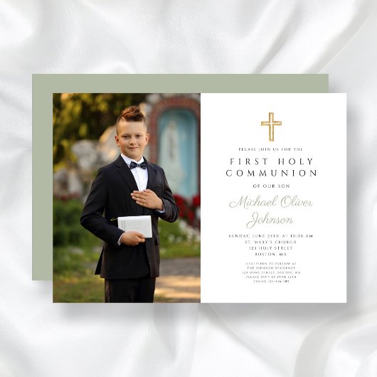 Invitation Sage Green Cross Photo Boy First Communion