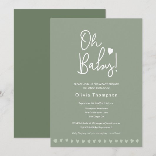 Invitation Sage Green Custom Oh Baby shower Genre Neutre (Devant / Derrière)
