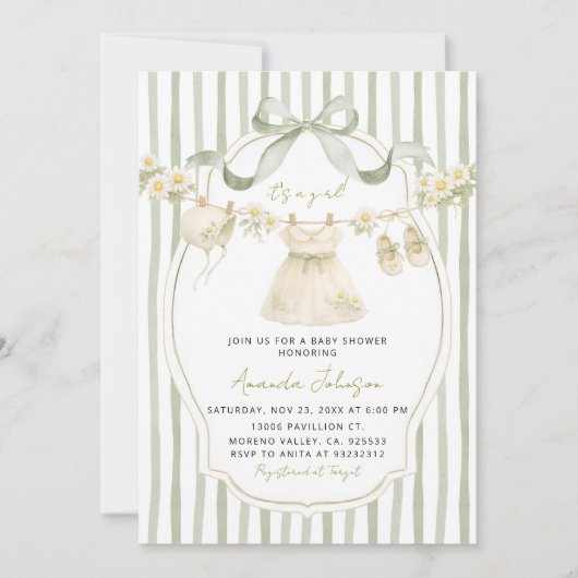 Invitation Sage Green Daisy Clothesline Baby Shower Invite (Devant)