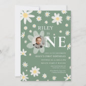 Invitation Sage Green Daisy First 1st Birthday Photo  (Devant)