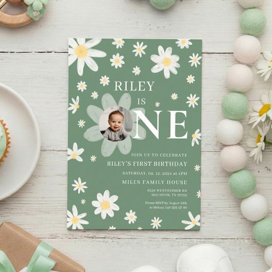 Invitation Sage Green Daisy First 1st Birthday Photo 