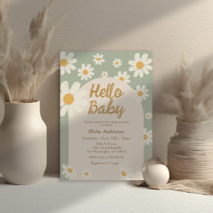 Invitation Sage Green Daisy Hello Baby Retro Baby Douche