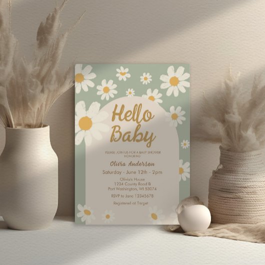 Invitation Sage Green Daisy Hello Baby Retro Baby Douche