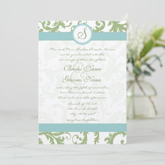 Invitation Sage Green Damask et Aqua Mariage damassé Invitati (Debout devant)