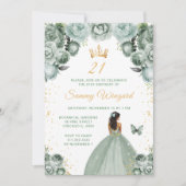 Invitation Sage Green Dark Skin Princesse Anniversaire (Devant)