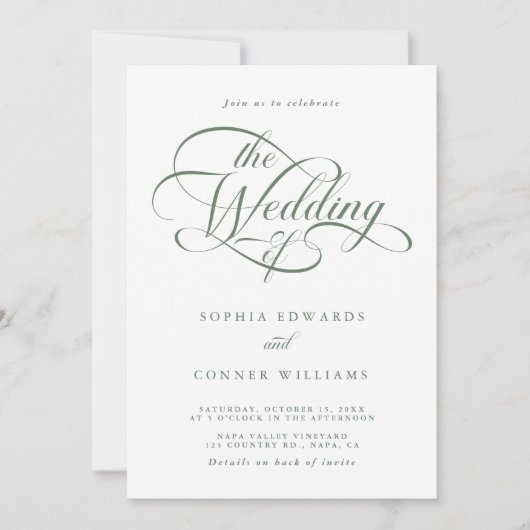 Invitation Sage Green Delicate Mariage élégant tout en un (Devant)