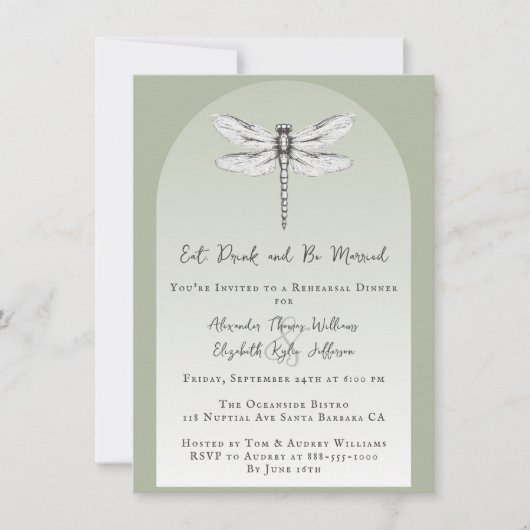 Invitation Sage Green Dragonfly Dîner de répétition Mariage (Devant)