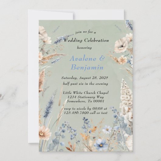 Invitation Sage Green & Dusty Blue Fleur sauvage Mariage (Devant)