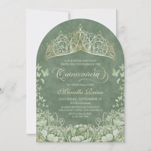 Invitation Sage Green Elégant Floral Crown Quinceanera (Devant)