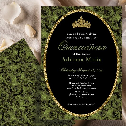 Invitation Sage Green Elegant Gold Floral Quinceanera  
