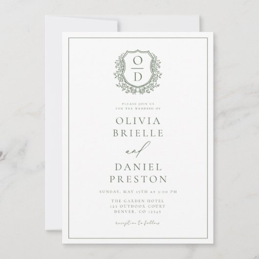 Invitation Sage Green Elegant Poirier Mariage Monogramme (Devant)