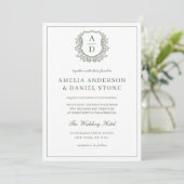 Invitation Sage Green Elegant Poirier Mariage Monogramme (Debout devant)