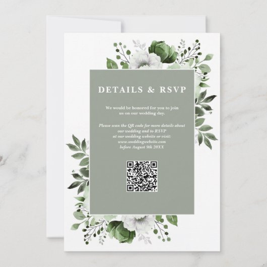 Invitation Sage Green Elegant Rustique Floral Code QR Mariage (Dos)