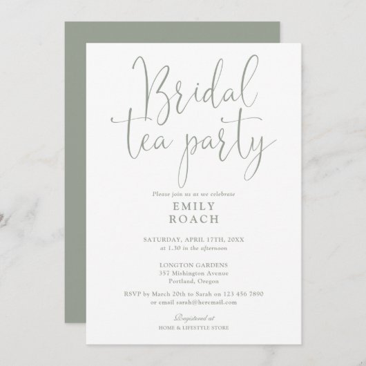 Invitation Sage Green Élégant Script Bridal Tea Party Douche (Devant / Derrière)