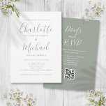 Invitation Sage Green Elegant Script QR Code Mariage<br><div class="desc">Doté de noms de style signature,  cet élégant faire-part de mariage vert sauge peut être personnalisé avec toutes vos informations spéciales sur le jour de mariage sur le devant,  les détails de votre site Web mariage,  et votre code QR au verso. Conçu par Thisisnotme©</div>