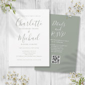 Invitation Sage Green Elegant Script QR Code Mariage