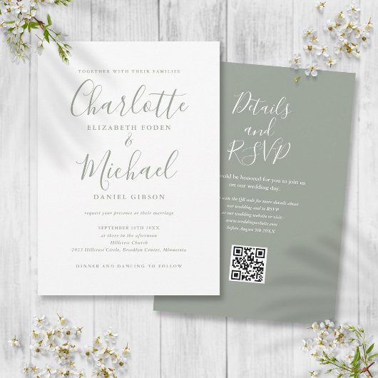 Invitation Sage Green Elegant Script QR Code Mariage