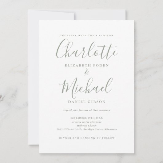Invitation Sage Green Élégant Script QR Code Mariage photo (Devant)