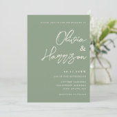 Invitation Sage Green Élégant Script Tout en un Mariage (Debout devant)