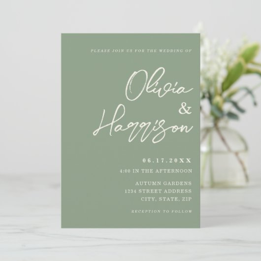 Invitation Sage Green Élégant Script Tout en un Mariage (Debout devant)