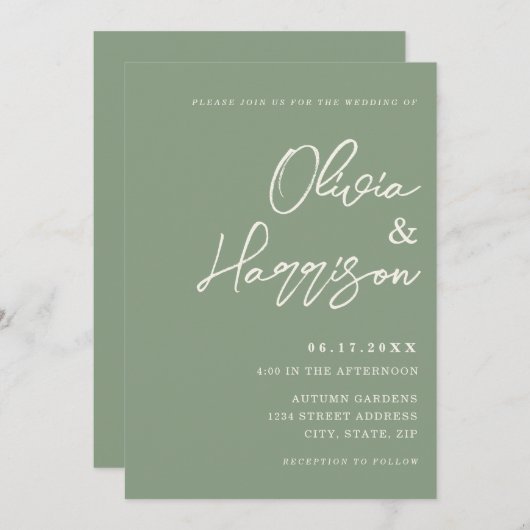 Invitation Sage Green Élégant Script Tout en un Mariage (Devant / Derrière)
