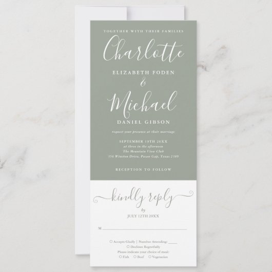 Invitation Sage Green Élégant Script Tout en un Mariage (Devant)