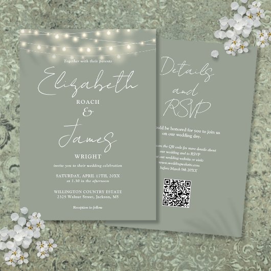 Invitation Sage Green Elegant String Lights QR Code Mariage