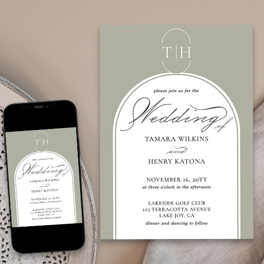 Invitation Sage Green Élégante Calligraphie Mariage monogramm