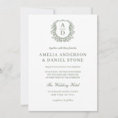 Invitation Sage Green Élégante Cimier Floral Mariage Monogram (Devant)