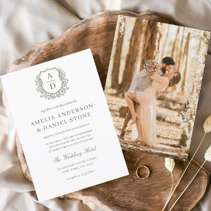 Invitation Sage Green Élégante Cimier Floral Mariage Monogram