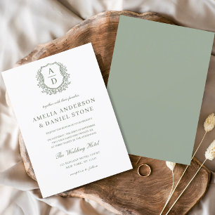Invitation Sage Green Élégante Cimier Floral Mariage Monogram