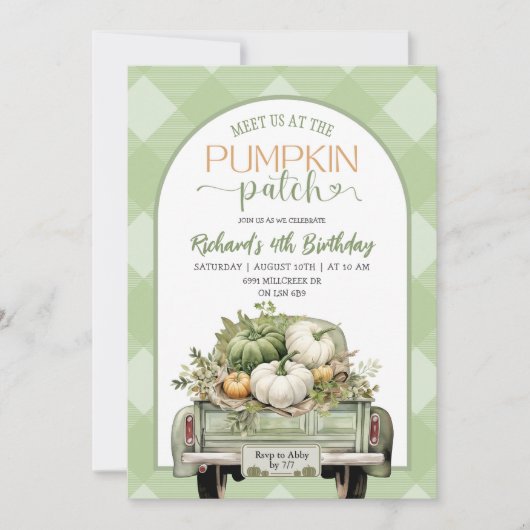 Invitation Sage Green En vichy Automne Citrouille Patch Anniv (Devant)