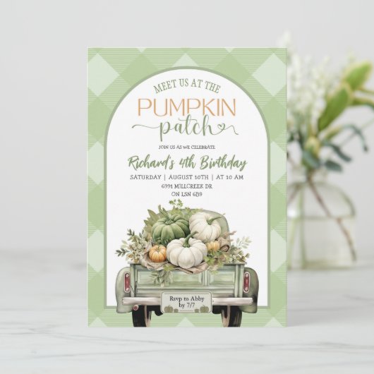 Invitation Sage Green En vichy Automne Citrouille Patch Anniv (Debout devant)