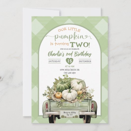 Invitation Sage Green En vichy Automne Citrouille Thème Anniv (Devant)