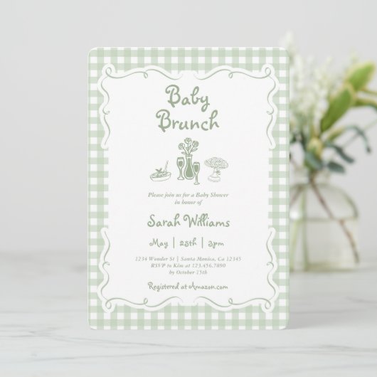 Invitation Sage Green En vichy Baby shower de Brunch pour béb (Debout devant)