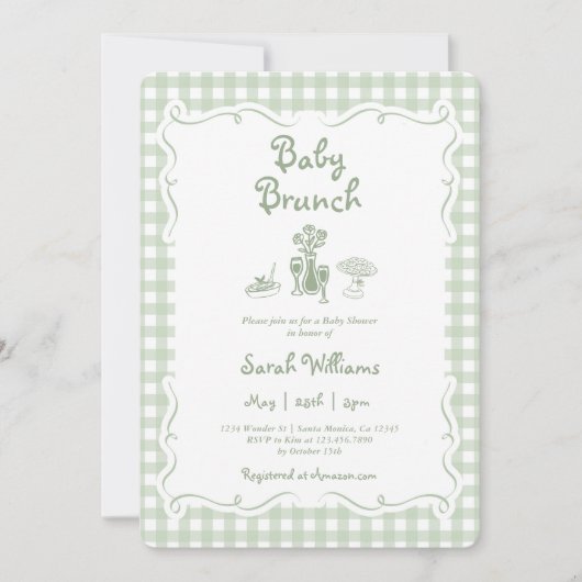Invitation Sage Green En vichy Baby shower de Brunch pour béb (Devant)