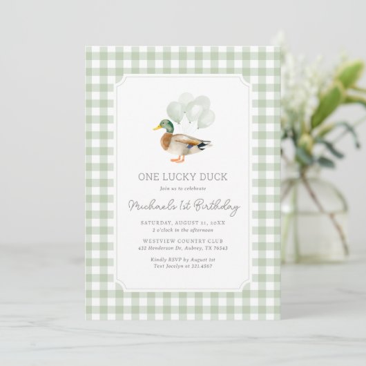 Invitation Sage Green En vichy Canard 1er anniversaire (Debout devant)